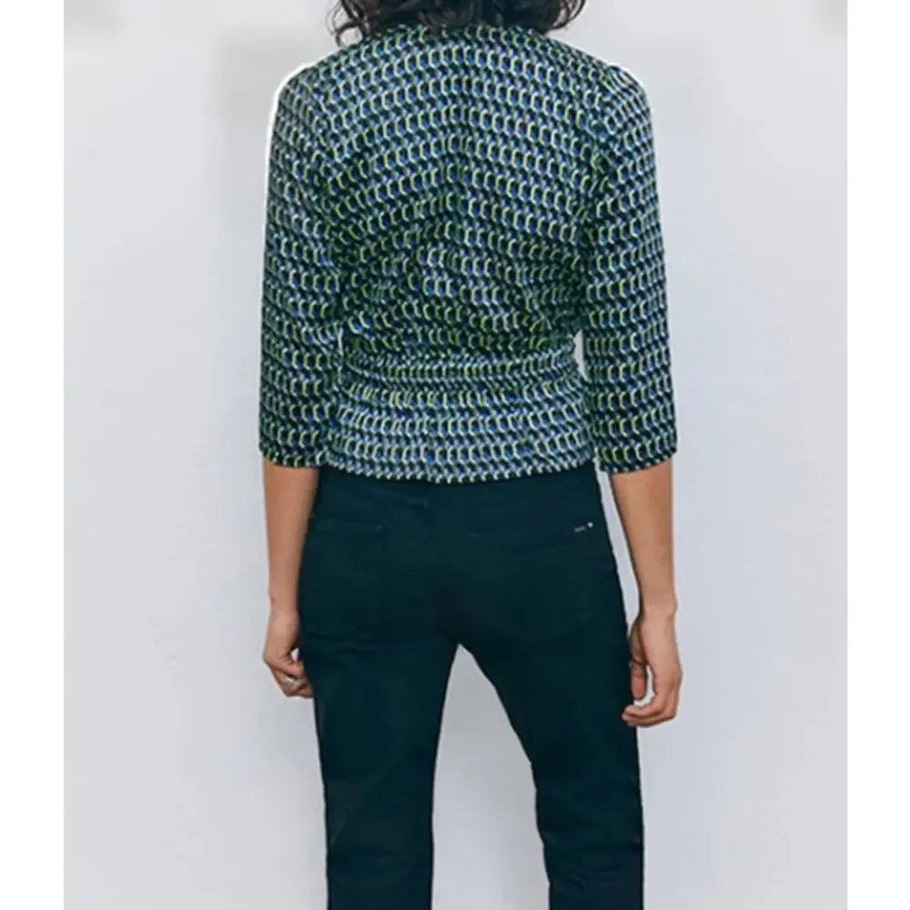 IKKS Graphic Print Wrap Peplum Blouse OpticArt Size 4 - Picture 2 of 6